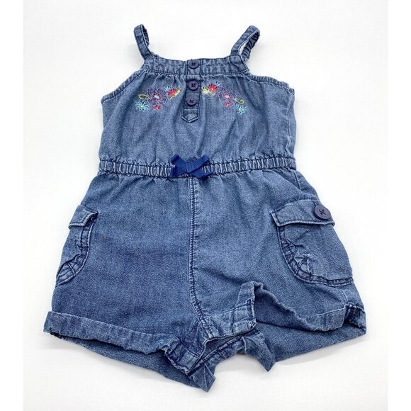 Osh Kosh B'Gosh Baby 9m Embroidered Denim One Piece Romper Shorts 100% Cotton - Picture 1 of 7
